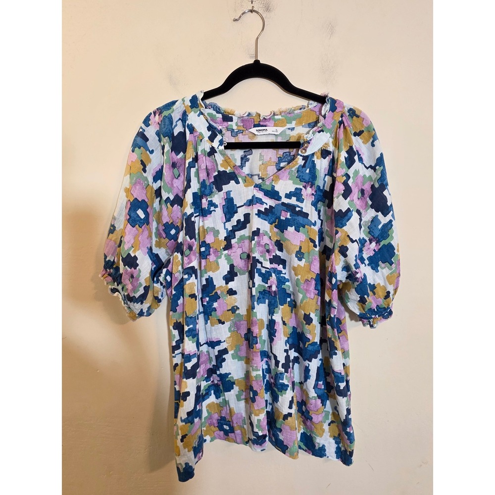 Sonoma Goods For Life Womens XL Abstract Floral V-Neck Puff Sleeve Blouse Blue